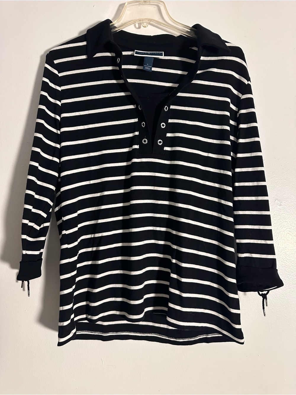 Karen Scott Striped 3/4 Sleeve Top Silver Grommet Lace-Up Detail L